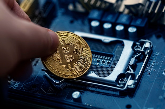 Bitcoin over computer moederbord bovenaanzicht