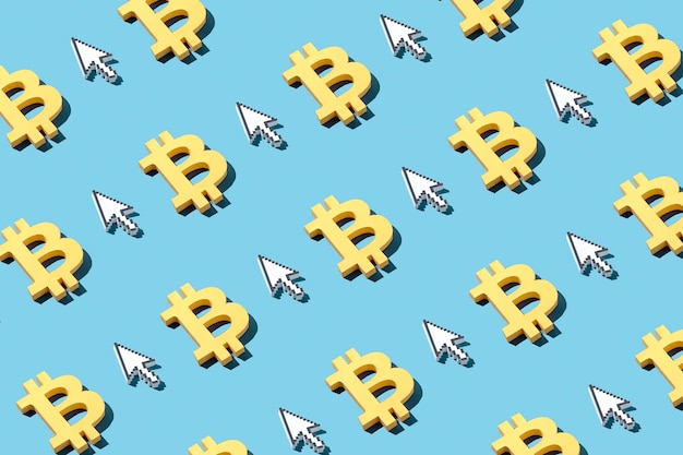 Bitcoin pattern and mouse pointer as internet digital business concept of financial innovations of economy and market as well as challenges and risks of blockchain