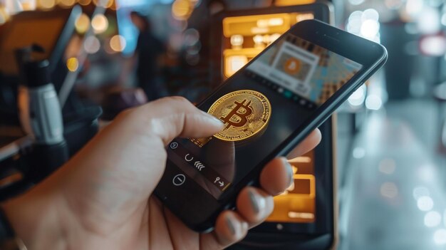 bitcoin payment person making a payment using bitcoin with a qr code scanner