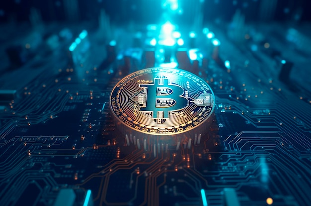 Bitcoin-pictogram blockchain crypto valuta digitale coderingstechnologie wereldwijd netwerkverbindingen achtergrondconcept AI gegenereerd