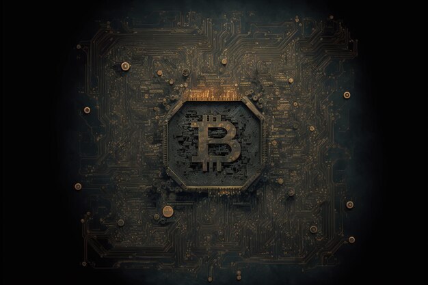 Bitcoin-pictogram op donker pc-moederbord voor cryotomine in abstract ontwerp