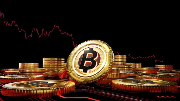 Bitcoin 가격 하락 개념, 디지털 암호 화폐 스택 빨간색 회로 보드, 3d 렌더링