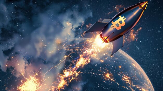 Foto bitcoin raket afwijken naar de crypte voor maan crash dreigende angstaanjagende schaduwen digitale ondergang super realistisch