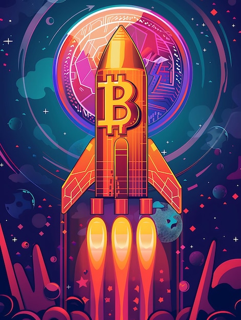 Bitcoin-raketten naar de maan op een futuristische ruimte achtergrond Illustratie cryptocurrency achtergrondd