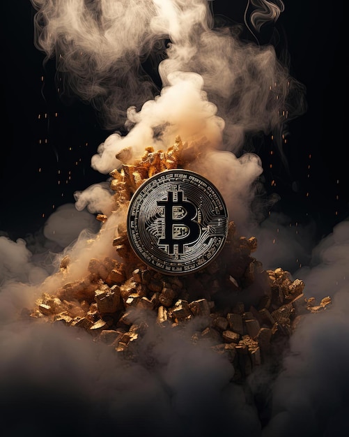 bitcoin rising in smoke on a dark backdrop in the style of ethereal cloudscapes