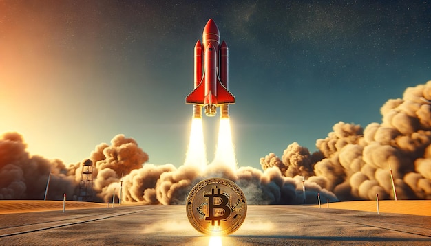 Photo bitcoin rocket launch concept