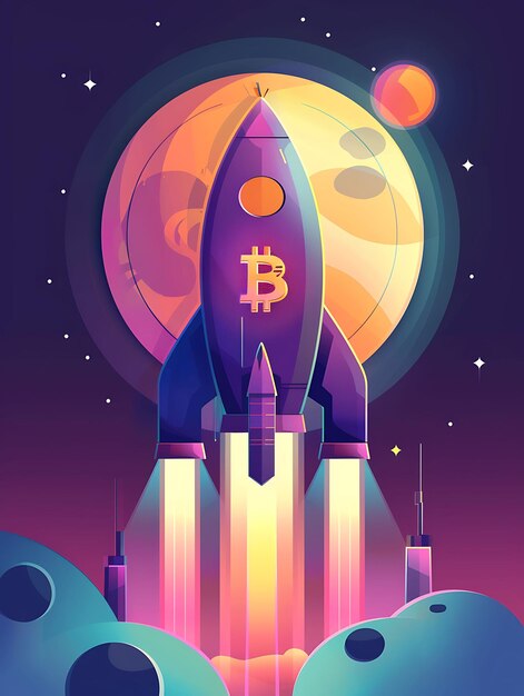 ビットコイン・ロケット・トゥ・ザ・ムーン (BTC) 未来の宇宙の背景 仮想通貨のイラスト