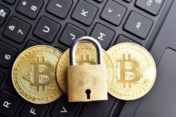 Безопасность биткойнов, биткойн с замком на клавиатуре ноутбука