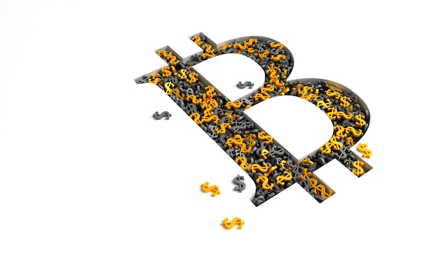 Segno di bitcoin pieno di segni di dollaro in oro e nero