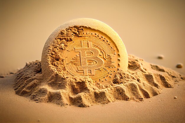 Знак биткойна в песке на пляже Концепция криптовалюты Генеративный ИИ