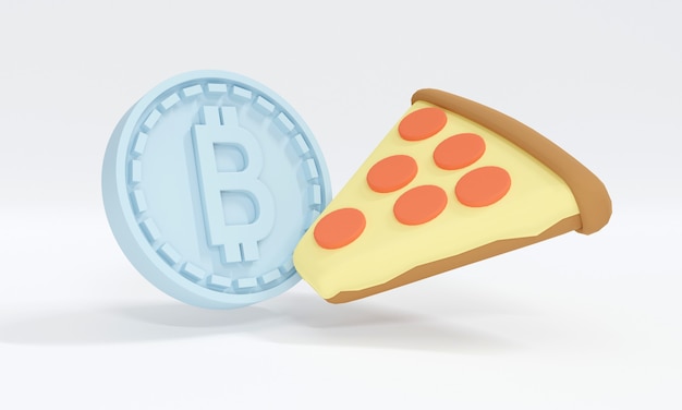 Bitcoin and a slice of pizza in cartoon style
