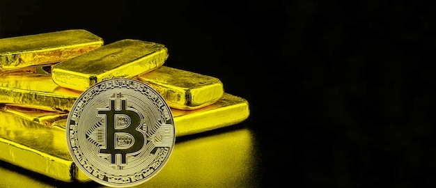 Bitcoin on stacked gold bars (gold bullion). bitcoin is as desirable as the concept of gold