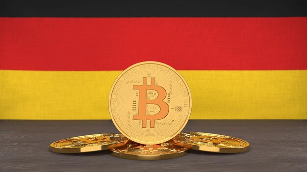 Bitcoin standing on the table the flag of germany hanging in the background 3d