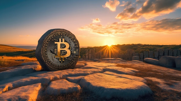 Foto bitcoin in pietra scolpita in una montagna sunset generative ai