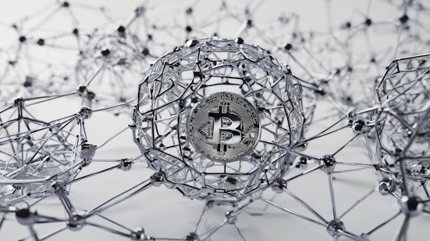 Photo bitcoin surrounded by connected lines and dots