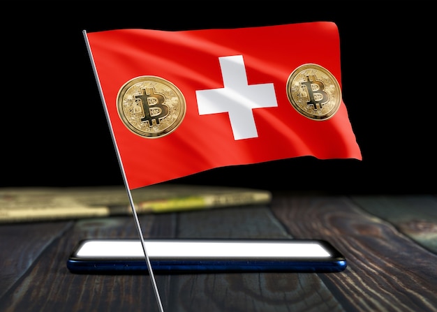 Bitcoin Switzerland on flag of Switzerland. Bitcoin news and legal situation in Switzerland concept.