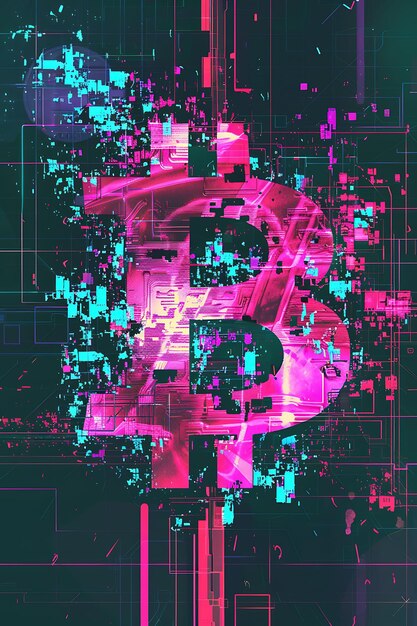 Foto simbolo di bitcoin come distorsione artistica di glitch su uno schermo digitale illustrazione di criptovaluta sfondio