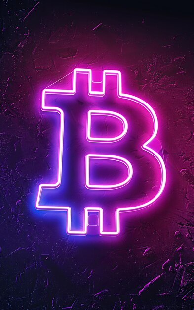 Foto simbolo di bitcoin come segno al neon su un cielo notturno scuro texture w illustrazione criptovaluta sfondio