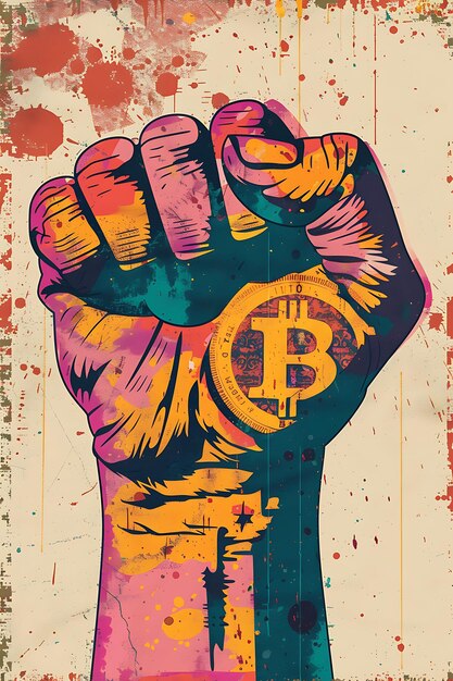 Foto simbolo di bitcoin come pugno di protesta su una tessitura di tela ruvida illustrazione di criptovaluta backgroundw