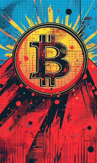 ビットコインはスーパーヒーローの象徴としてコミックブックのエンブレムテクスチャーイラスト暗号通貨バックグラウンド