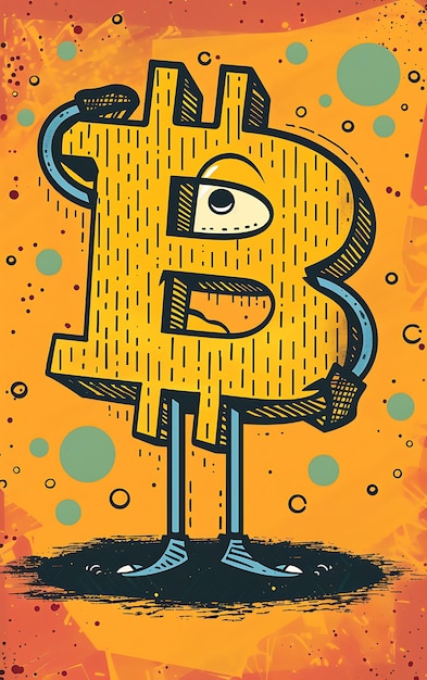 Символ биткойна изображен как анимационный персонаж с иллюстрацией автомобиля криптовалюты Backgroundt