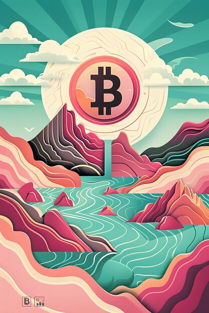 Foto simbolo di bitcoin incorporato in un paesaggio surreale e onirico illustrazione di criptovaluta sfondio