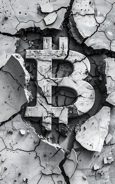 ビットコインのシンボルがコンクリートの壁から現れます 暗号通貨の背景