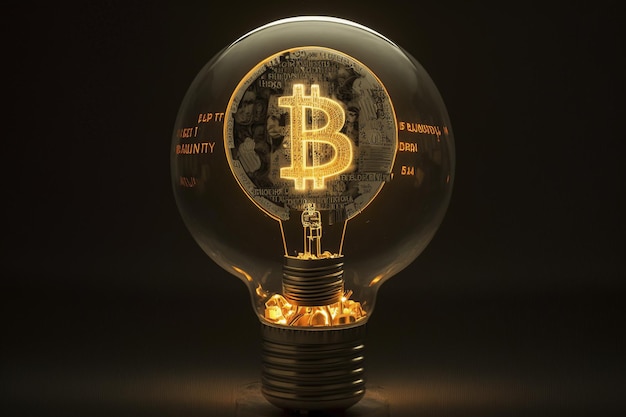 写真 ビットコインのシンボルは生成的なaiによって作成された電球で照らされています