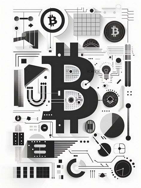 Фото Символ биткойна интегрирован в коллаж технологических иллюстраций криптовалюты