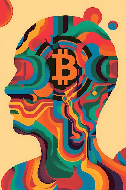 Foto simbolo di bitcoin integrato in una mente piegatura e surreale c illustrazione criptovaluta sfondio