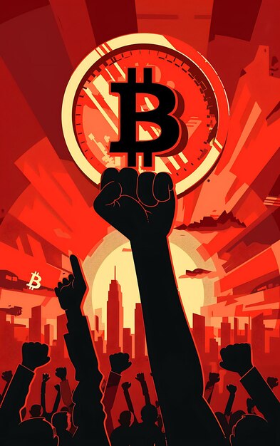 Foto simbolo bitcoin integrato in una scena di protesta con una coraggiosa illustrazione di criptovaluta sullo sfondo