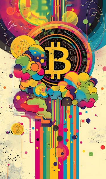 Foto simbolo di bitcoin integrato in un'illustrazione psichedelica w illustrazione di criptovaluta sfondio