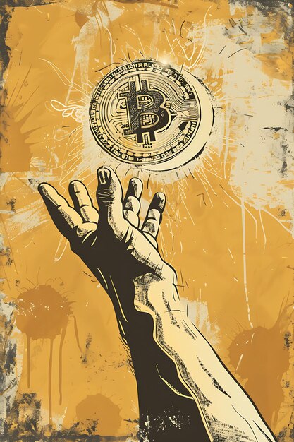 Foto simbolo di bitcoin raffigurato come una mano che si estende per aiutare oth illustrazione criptovaluta sfondio