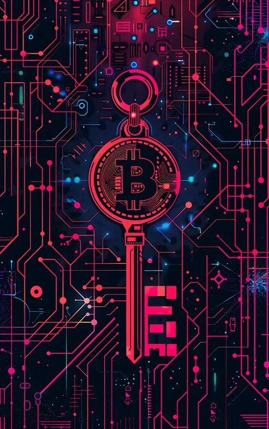 Фото Символ биткоина показан как ключ, открывающий цифровой мир на иллюстрации криптовалюты