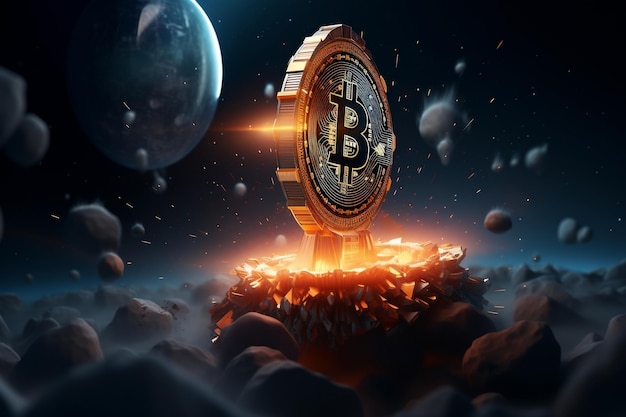 Bitcoin symbol soaring from a rocket against a dark background Generative Ai