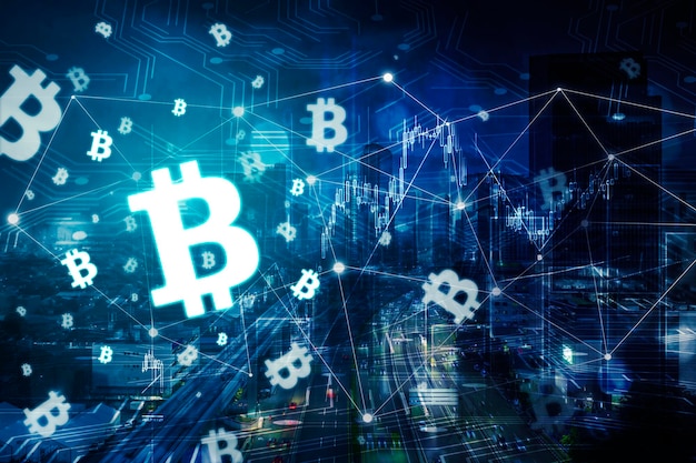 Foto simbolo bitcoin con rete di connessione