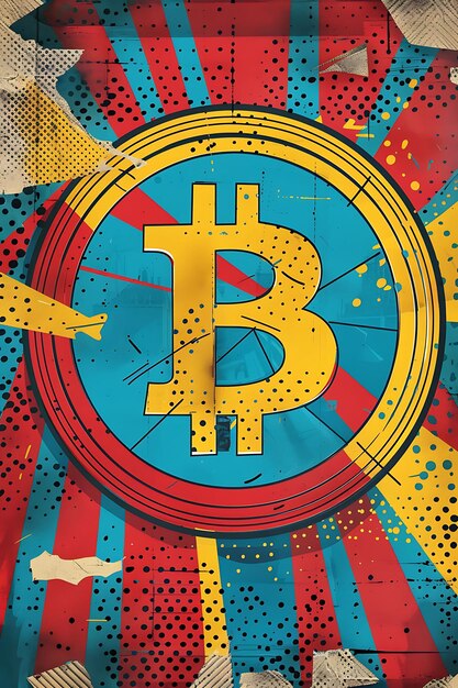 Bitcoin-symbool gemengd met elementen van superheldkunst met illustratie cryptocurrency achtergrond