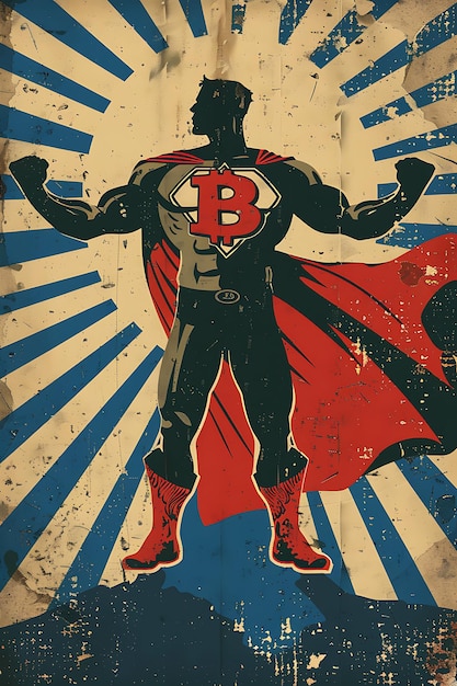 Bitcoin-symbool geportretteerd als een superheld met een stripboek S illustratie cryptocurrency achtergrondt