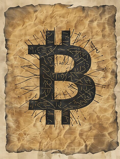 Bitcoin-symbool gevormd door ingewikkelde kalligrafie op een textuur Illustratie cryptocurrency achtergrondd