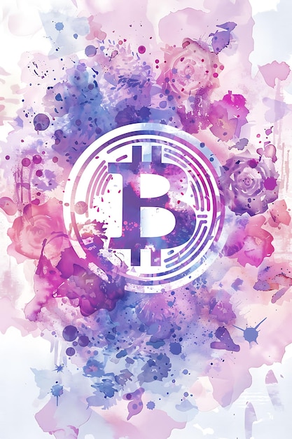 Bitcoin-symbool omringd door aquarelbloemen op een aquarel illustratie cryptocurrency achtergrond
