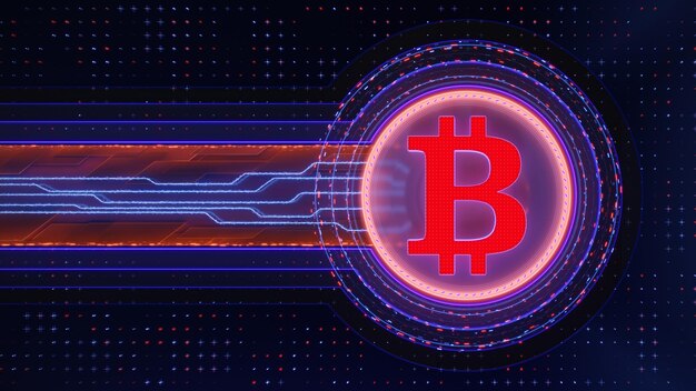 Bitcoin-symbool op abstracte donkere technologische achtergrond Muntstuk en circuit Elektriciteitsimpuls op moederbord Internationaal en wereldwijd marktuitwisselingsconcept 3D illustratie