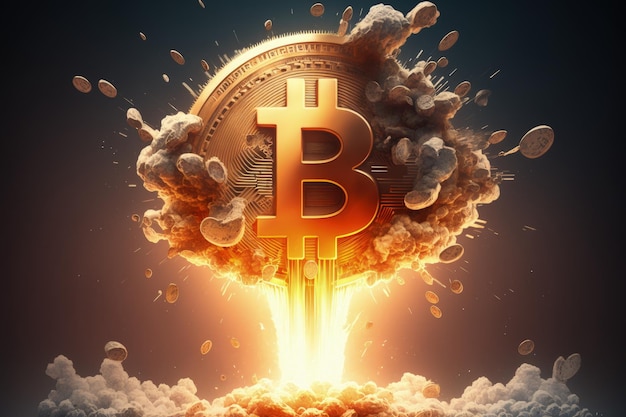 Bitcoin taking off like a rocket releasing blasts of fire and smoke AI