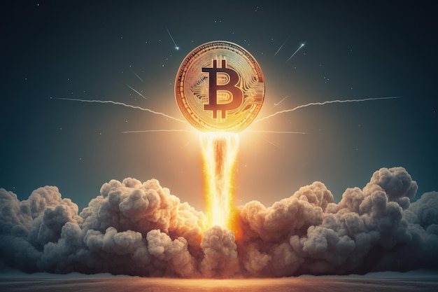 Bitcoin taking off like a rocket releasing blasts of fire and smoke AI