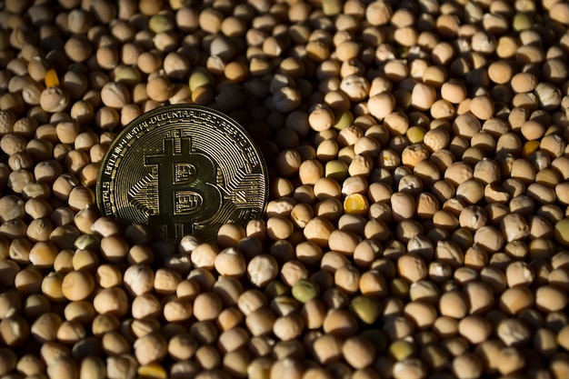 Foto bitcoin tegen de achtergrond van gele erwten die voedsel kopen met bitcoins