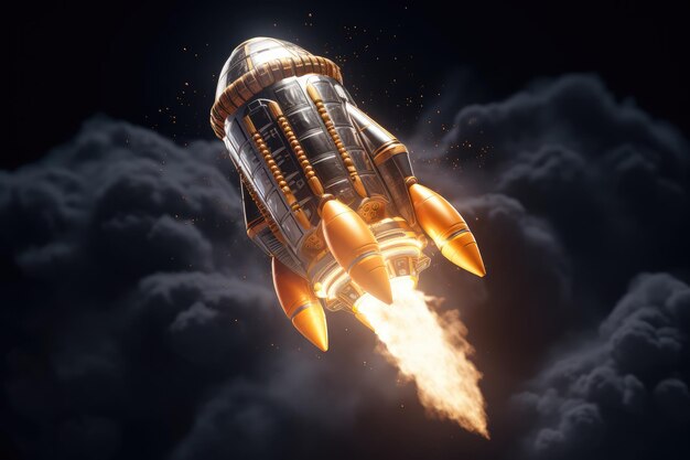 Bitcoin-teken dat uit een raket vliegt op een donkere achtergrond