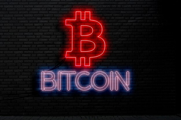 A bitcoin text and logo neon sign on the wall abstract crypto currency money concept