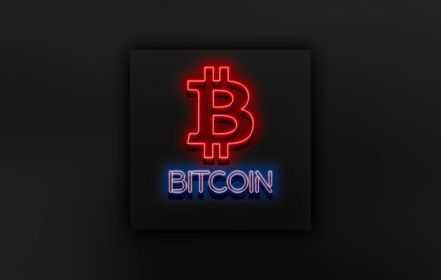 A bitcoin text and logo neon sign on the wall abstract crypto currency money concept