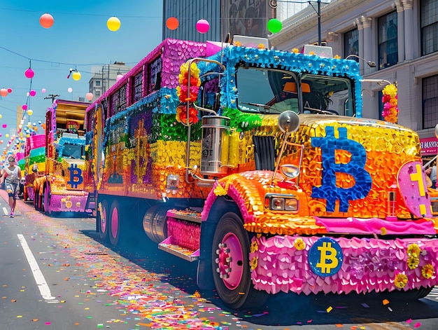 Foto bitcoin-thema parade met drijvende wagens en artiesten vieren foto van trending poster achtergrond