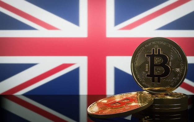 Bitcoin in United Kingdom crisis bitcoin and Crypto coins bitcoin and flag United Kingdom