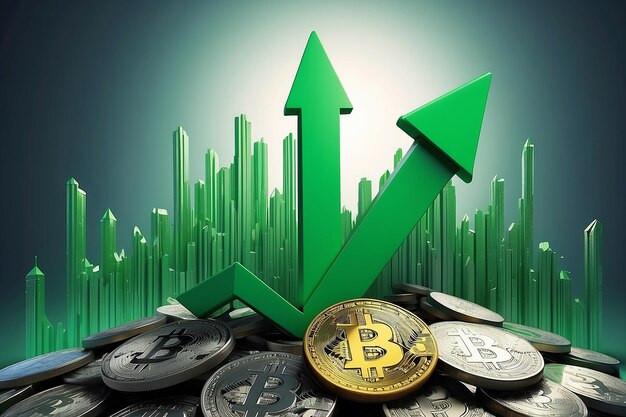 Photo bitcoin value rising up with green arrow in background btc crypto prices grow up concept 3d rendering